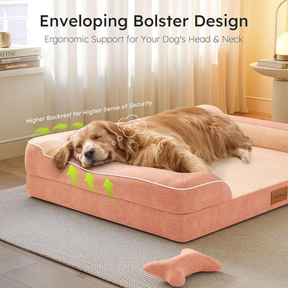 Dog Beds for Large Dogs, Orthopedic Dog Bed with Cooling Gel Memory Foam, Waterproof Large Pet Bed with Removable Washable Cover, 36" Pet Sofa Couch Dutch Velvet with Bone Toy, Peach Pink
