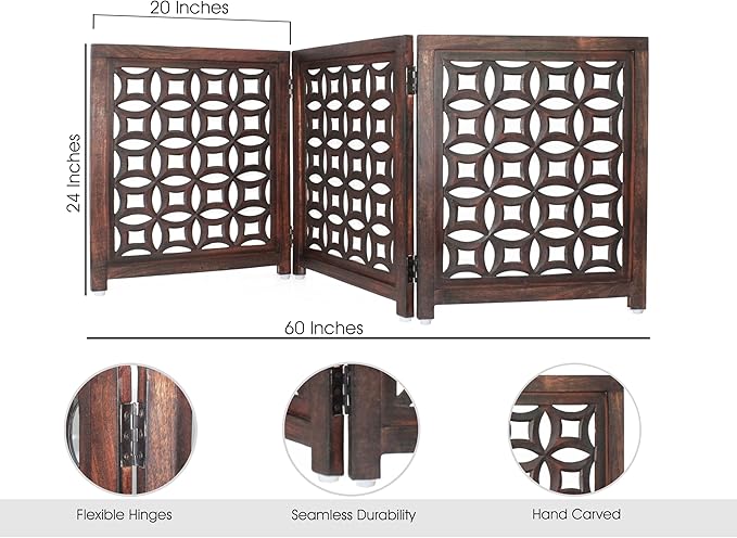 Wooden Foldable Pet Dog Safety Gate -3 Panels 20"Wx24"H- Hand Carved Solid Wood And MDF - Free Standing Portable Indoor Doorway Hall Stairs Dog Puppy Fence - Fully Assembled - Antique Brown -IRONGATE