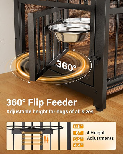 Dog Crate Furniture for Medium Dogs: Heavy Duty Chewproof Wooden Kennel Furniture - Dog Cage Table for High Anxiety - 360° Adjustable Bowls Multi-Lock Sliding Door for Indoor