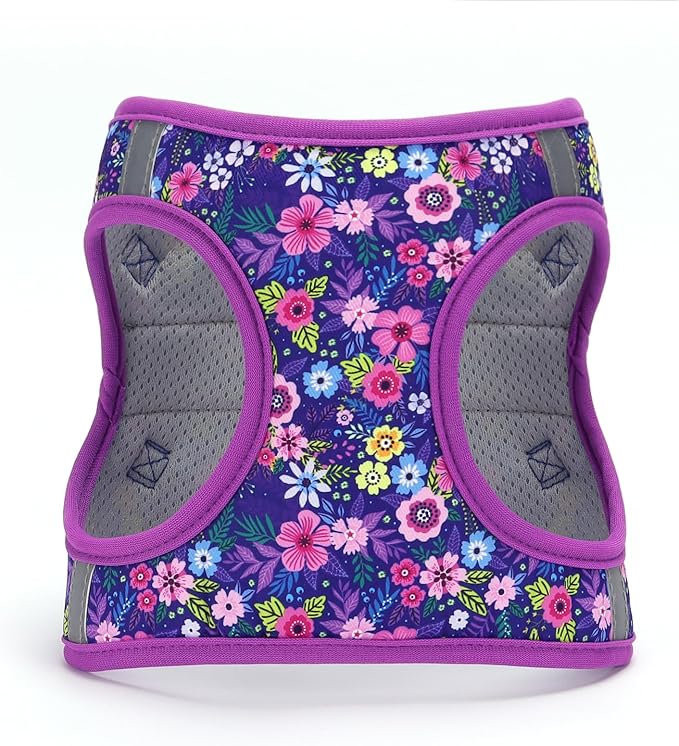 Moonpet Step in Dog Harness Leash Set- All Weather Reflective No-Pull Floral Pattern Padded Mesh Vest Harness for Cats Puppy Extra-Small Small Medium Large Dogs - Dark Flower - L