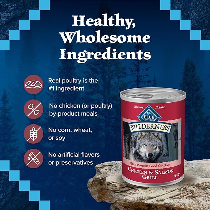 Blue Buffalo Wilderness Adult Wet Dog Food,High-Protein & Grain-Free,Made with Natural Ingredients,Salmon & Chicken Grill,12.5-oz. Cans,(Pack of 24)