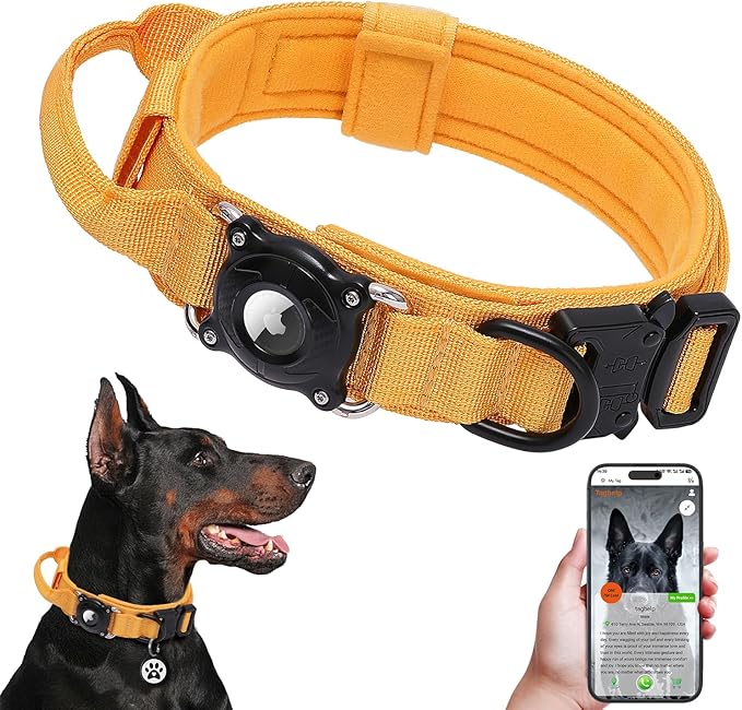 TAGHELP-AirTag Dog Collar with QR Code ID Tag, Tactical Military Reflective Adjustable Dog Collar with Holder Handle, for Large Medium Dogs, Durable Nylon with Metal Buckle (Yellow-M)