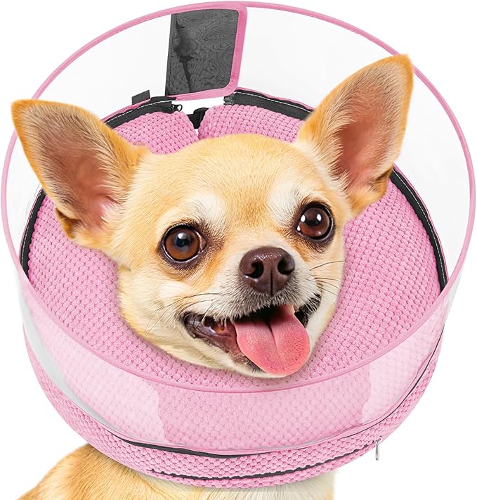 Soft Inflatable Dog Cone for Surgery Recovery, Protective Dog Donut Collar with Shield to Stop Licking Wounds, 2-in-1 Patented Comfort Blow-Up Collar for Small Pets, Chihuahua (Pink, S)