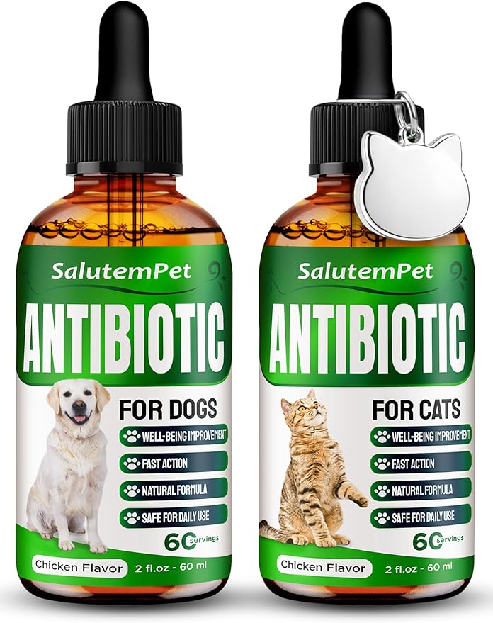 Set of Liquid Dog Antibiotics and Cat Antibiotic + Pendant – Daily Help with UTI, Cough, Runny Nose, Allergies, Wheezing – Versatile Care for Breathing System with Chicken Flavor – 2 oz x 2