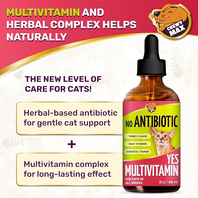 Cat Multivitamin Complex with Turkey Flavor – Natural Cat Antibiotic Liquid Alternative to Help with Allergies, UTIs & Cough – Herbal No Antibiotic Yes Multivitamin for All Breeds – 2 Oz