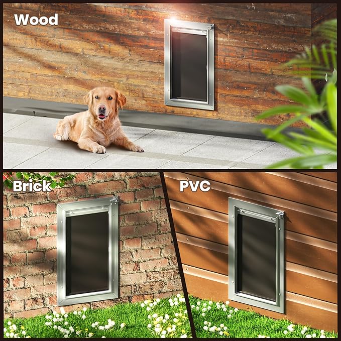 Dog Door for Wall, Large Doggie Door, Heavy Duty Pet Door with All Aluminum, 2 Magnetic Flaps, Wide Telescoping Tunnel, Sliding Lock Panel Doggy Door for Exterior Wall (Pets Up to 110 LB)