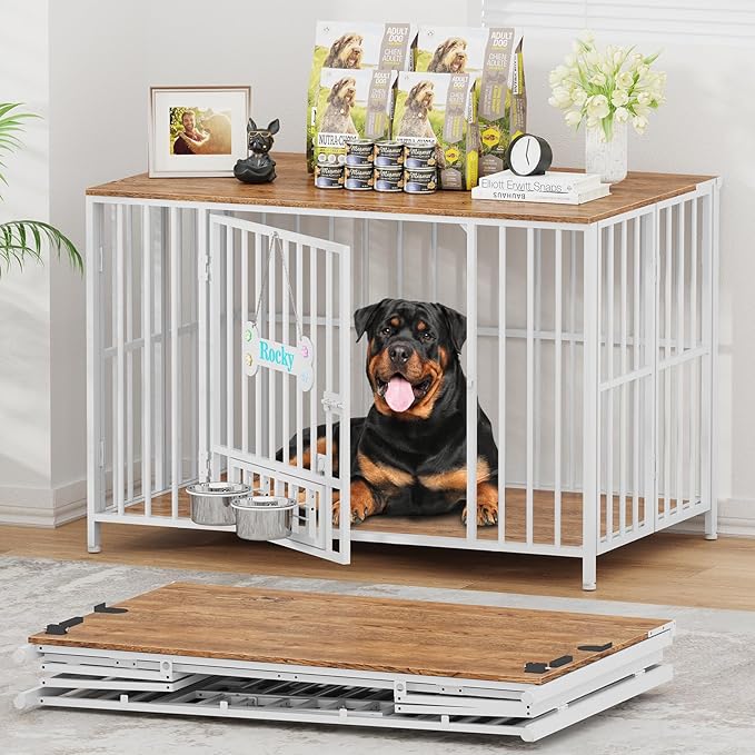 Easycom 43" Dog Crate Furniture Foldable, No Assembly Decorative Dog Kennel Indoor, XL Dog Crates for Large Dogs (60-80 lbs), Wooden Dog Cage with Adjustable Bowls and Name Tag, White & Beech