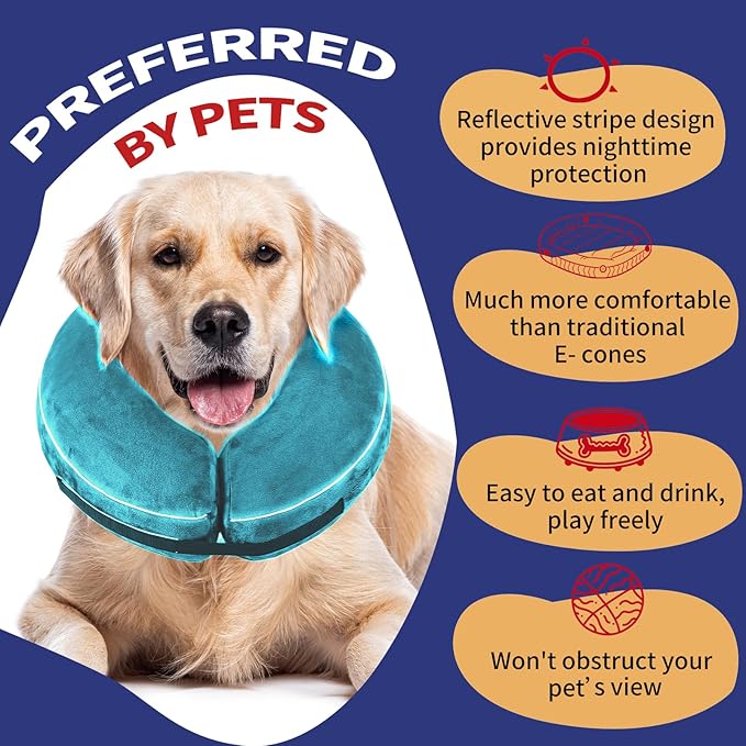 Inflatable Reflective Dog Cone Collar Alternative After Surgery,Doggie Recovery Dount Neck Ecollar,Adjustable Soft Dog Cone Collar for Small Medium Large Dogs (Light Blue, XL)