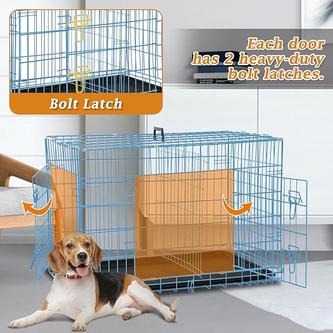 Dog Crate, Folding Portable Outdoor Large Two Door Metal Cat Dog Cage with ABS Tray LC Panel Floor Protecting Feet Wire Animal Pet Dog Kennel with Divider