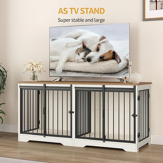 Hzuaneri 54" Dog Crate Furniture for 2 Dogs, Double Dog Cage with Divider, Wooden Heavy Duty Dogs Kennel, Pet Cage with Barn Door, TV Stand for Large Small Medium Pet, White Brown DFC88314B