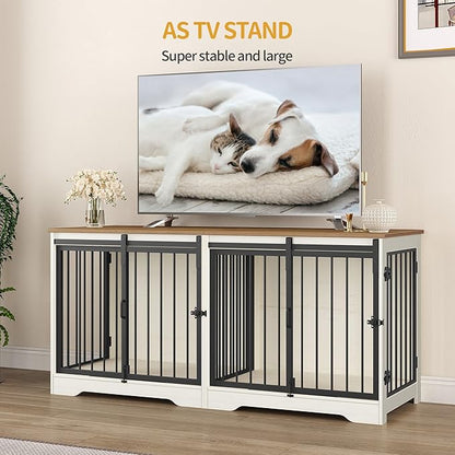 Hzuaneri 54" Dog Crate Furniture for 2 Dogs, Double Dog Cage with Divider, Wooden Heavy Duty Dogs Kennel, Pet Cage with Barn Door, TV Stand for Large Small Medium Pet, White Brown DFC88314B