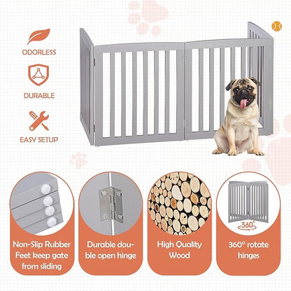 Dog Gate Pet Gate for House, Stairs, Hallways, Doorways 82x24 Inch 4 Panels Foldable Dog Fence for Indoor Extra Wide Wooden Grey