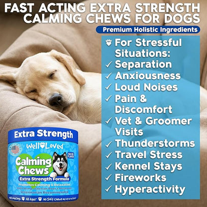 Well Loved Calming Chews for Dogs - Dog Calm Treats, Made in USA, Vet Recommended, Behavior Support with Melatonin & Hemp, Stress, Separation, Fireworks, Travel, Extra Strength