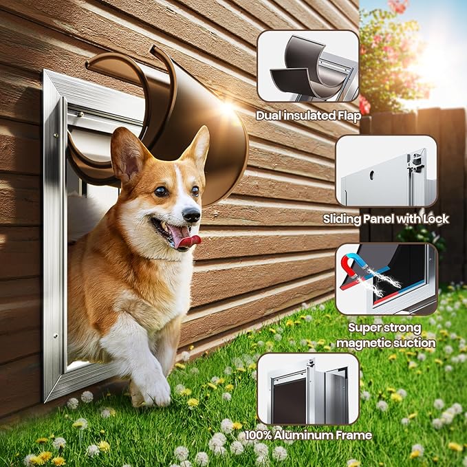 Dog Door for Wall, Medium Doggy Door, Heavy Duty Cat Pet Door, All Aluminum Frame, 2 Magnetic Flaps, Energy Efficient, Sliding Lock Panel, Easy to Install (Pets Up to 45 LB)