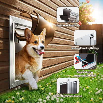 Dog Door for Wall, Medium Doggy Door, Heavy Duty Cat Pet Door, All Aluminum Frame, 2 Magnetic Flaps, Energy Efficient, Sliding Lock Panel, Easy to Install (Pets Up to 45 LB)