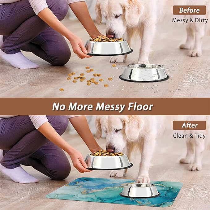 Marble Dog Cat Food Mat,Blue Teal Turquoise Gold Absorbent Pet Feeding Mat with Rubber Backing,Non-Slip Water Bowl Placemat,Indoor Pet Accessories Supplies 16"x24"