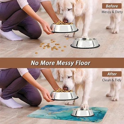 Marble Dog Cat Food Mat,Blue Teal Turquoise Gold Absorbent Pet Feeding Mat with Rubber Backing,Non-Slip Water Bowl Placemat,Indoor Pet Accessories Supplies 12"x20"