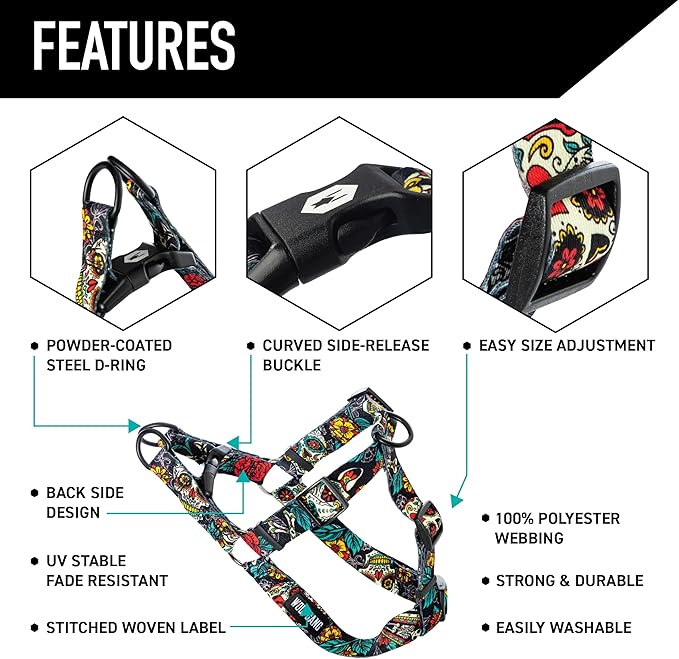 Wolfgang Heavy Duty Adjustable Dog Harness, Pull-Tested to Over 800 lbs for Walking & Training, LosMuertos Print, Large