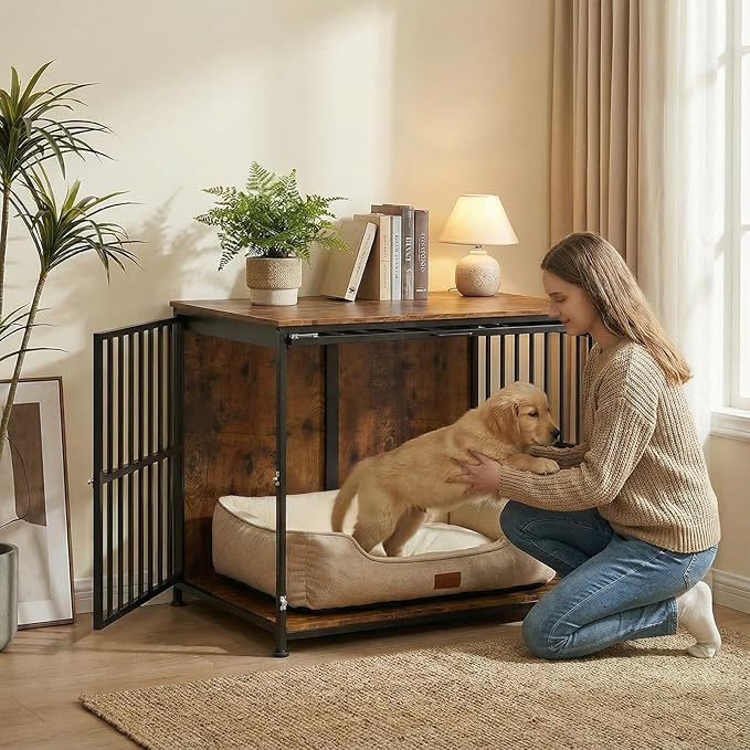 31.5" Dog Crate Furniture with Flip Door, Wooden Dog Kennel Indoor, Heavy Duty Pet Cage for Small Medium Dogs, Double Door Pet House End Table, Rustic Brown