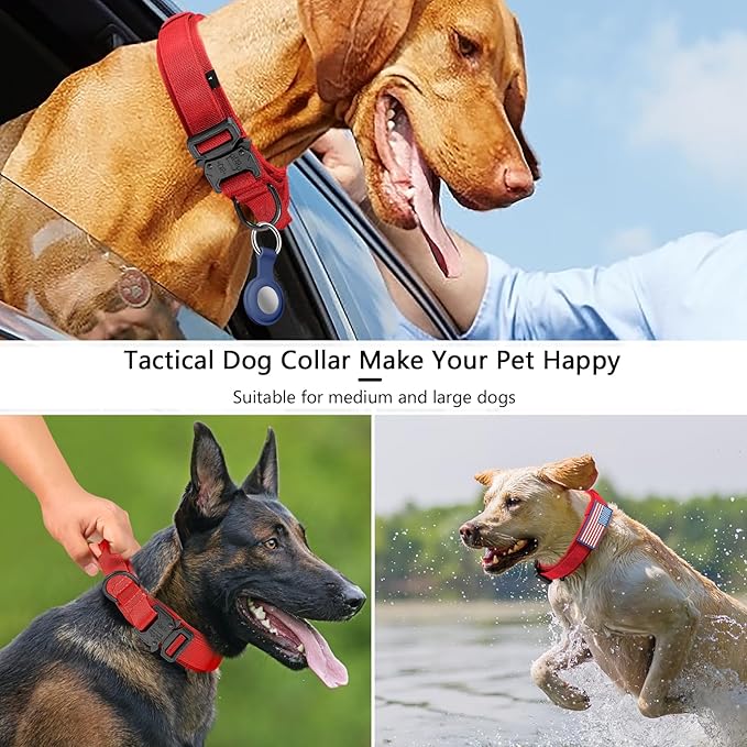 DAGANXI Tactical Dog Collar, Adjustable Military Training Nylon Dog Collar with Control Handle and Heavy Metal Buckle for Medium and Large Dogs, with Patches and Airtags Case (Red, XL)