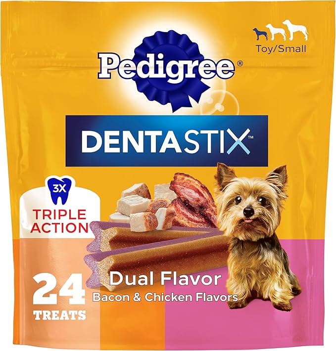 Pedigree Dentastix Dental Chews for Dogs, Small and Toy Breed Dog Treats, Bacon & Chicken Flavor, 5 oz. Bag (24 Total Treats)