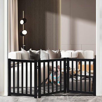 LZRS 3-Panel Wooden Free Standing Foldable Dog Gate Indoor – 24" High,Step-Over Safety Pet Gate for Doorways, Stairs, Hallways, Indoor Dog Barrier for Small to Medium Dogs & Puppies, Black
