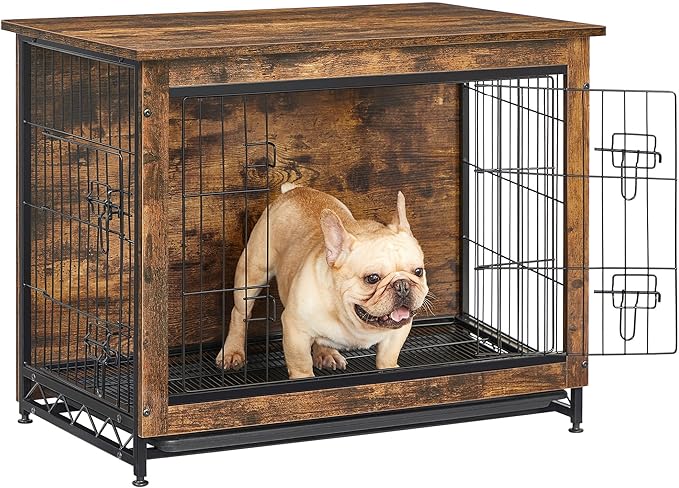 Feandrea 32.5" Dog Crate Furniture, Indoor Dog Cage Side End Table, L Pet Wood Kennel for Large and Medium Dogs up to 45 lb with Multi-Purpose Removable Tray, Double-Door Pet House, Rustic Brown