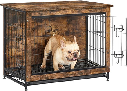 Feandrea 32.5" Dog Crate Furniture, Indoor Dog Cage Side End Table, L Pet Wood Kennel for Large and Medium Dogs up to 45 lb with Multi-Purpose Removable Tray, Double-Door Pet House, Rustic Brown