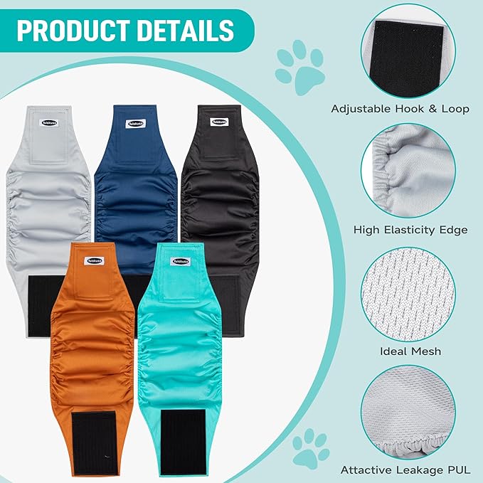 Male Dog Diapers, High Absorbing Dog Belly Bands for Male Dogs, Washable Reusable Dog Males Wraps(5 Pack)