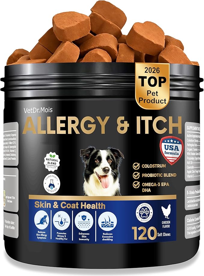 Dog Cat Allergy Itch Relief Chews-Support Paw Licking Treatment, Itchy Skin, Hot Spot & Dry Skin, Skin and Coat Seasonal Allergies, Yeast Balance with Fish Oil, Colostrum, Vitamins & Probiotics-120 Ct