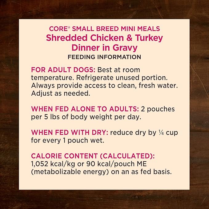 Wellness CORE Small Breed Mini Meals Shredded in Gravy Adult Wet Dog Food, Grain Free, Natural, Chicken and Turkey Dinner Recipe, 3 oz, Pack of 12 Pouches