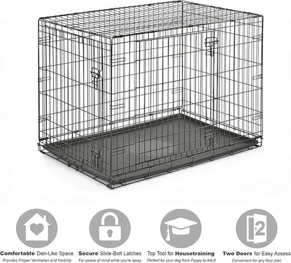 Midwest Homes for Pets 42-Inch New World Crate for Large Breeds, 71-90 lbs, Double Door Folding Dog Crate, Leak-Proof Tray & Secure Latches, Portable, Durable & Easy to Assemble