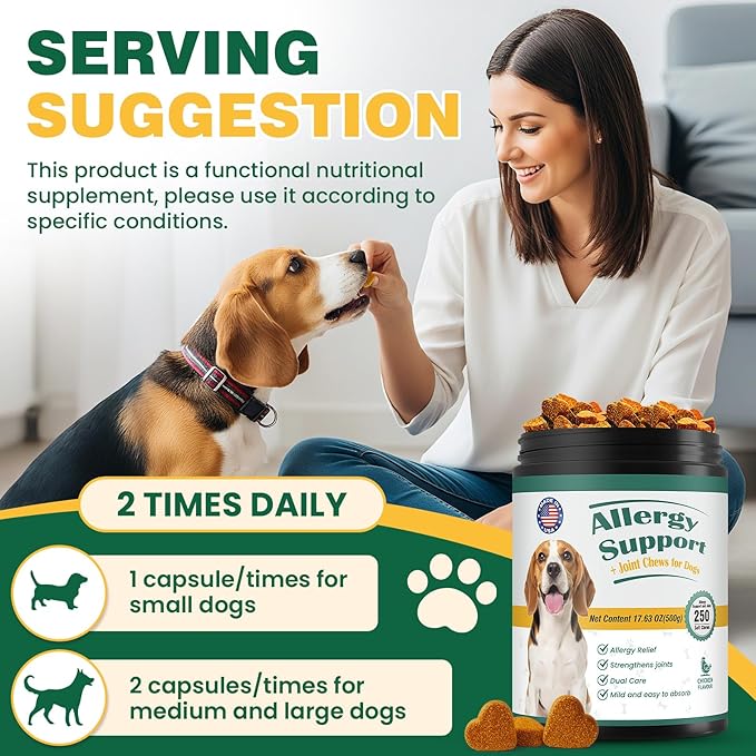 Dog Allergy Chews 500PCs with Turmeric, Digestive Enzymes Supports Seasonal Allergy Relief, Itchy Skin, Joint Health Anti-Itch Supplement for Allergic Dogs Aids Post-Surgery Recovery Senior Mobility