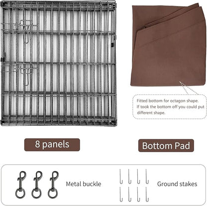 NEZUC Foldable Metal Dog Exercise Playpen Gate Fence Dog Crate 8 Panels 24 Inch Height Puppy Kennels with Top Cover/Bottom Pad for Animals Outdoor Indoor (Playpen+Bottom Pad, Brown, 24" H)