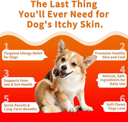 Dog Allergy & Itch Relief Chews - Salmon Oil Omega-3, Omega-6, Vitamin B1/B2/B6, Colostrum Probiotics Supplement for Seasonal Allergy, Hot Spots, Paw Licking, Scratching, 98 Soft Chews