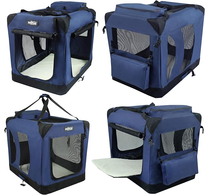 EliteField 3-Door Folding Soft Dog Crate with Carrying Bag and Fleece Bed (2 Year Warranty), Indoor & Outdoor Pet Home (30" L x 21" W x 24" H, Navy Blue)