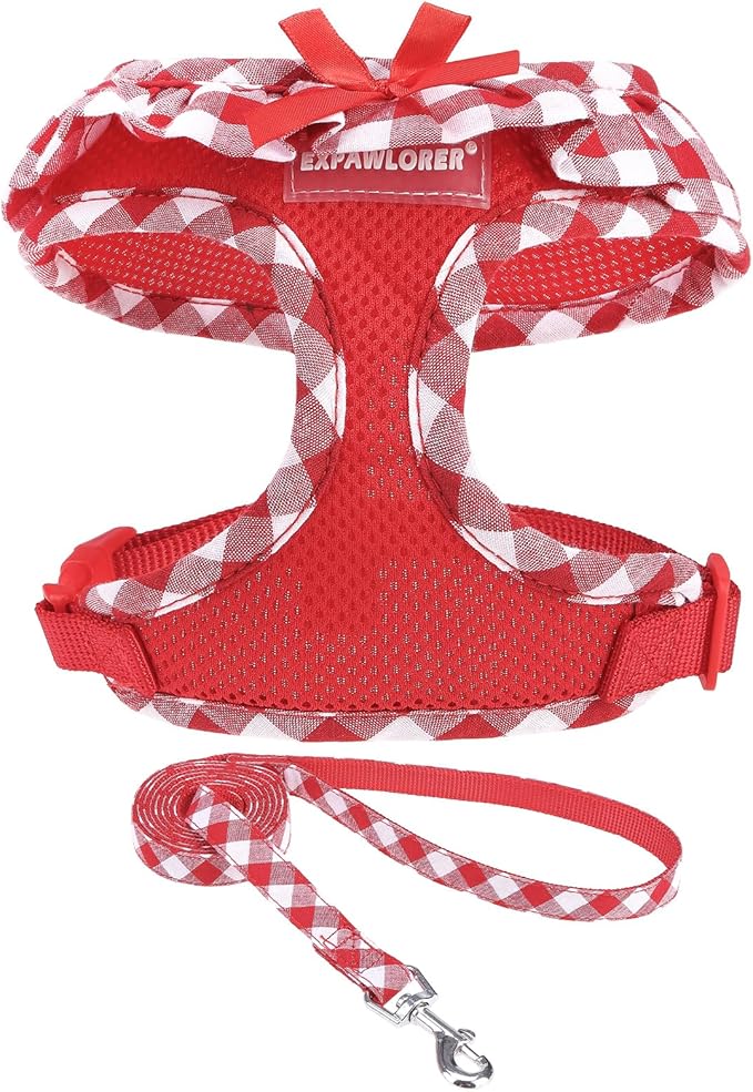 EXPAWLORER Cute Dog Harness and Leash Set - Red Girl Dog Harness Checkered Step-in Design, Easy Adjustable No-Choke Lightweight Breathable Vest for Puppy Small Dogs Cats Outdoor Walking, Small