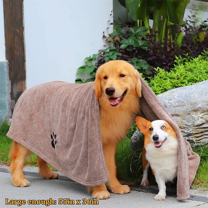 Dogvingpk Extra Large Dog Towel Super Absorbent Soft Microfiber Pet Bath Grooming Towels for Drying Dogs and Other Pets (XL-55" * 36", Brown)