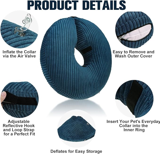 BINGPET Inflatable Dog Cone Collar Alternative After Surgery,Soft Recovery Cone for Dogs to Stop Licking,Dogs Blow up Protective Neck Donut ECollars Adjustable for Large Medium Small Pet, Navy Blue,XL