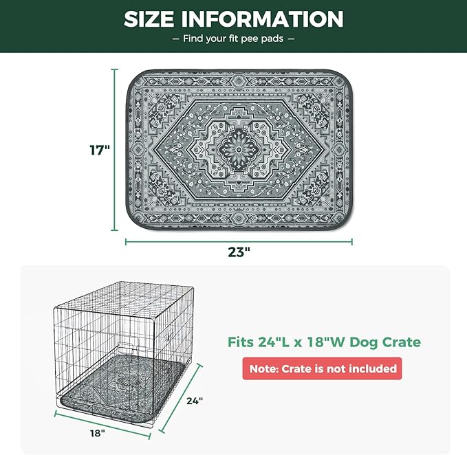 FXW Washable Pee Pads for Dogs, Leak-Proof & Non-Slip, Specifically Designed for 24inch Cages, 17" x 23" Rectangle, Boho Grey, 2 Packs