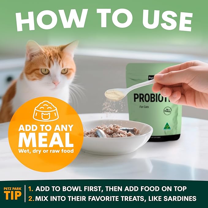 Petz Park Probiotics for Cats 60 Scoops, Cat Probiotic Powder for Hairball and Digestive Support, Gut Health Supplement for Cats and Kittens, Cat Food Topper Made in Australia