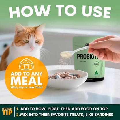 Petz Park Probiotics for Cats 60 Scoops, Cat Probiotic Powder for Hairball and Digestive Support, Gut Health Supplement for Cats and Kittens, Cat Food Topper Made in Australia