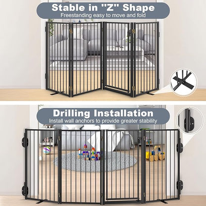 Metal Freestanding Dog Gates with Door for Outdoor Indoor,80'' Extra Wide 36'' Tall Free Standing Dog Gate for Doorways,Large Openings,Deck,Yard,Porch,Foldable Safety Pet Fence(Black,4 Panels)