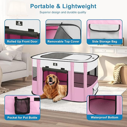 X-ZONE PET Dog Playpen, Puppy Cat Play Pen Portable Foldable Indoor/Outdoor Tent Crate Cage, Portable Pet Crate Large Size Pink 45"