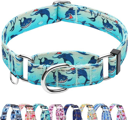 Reflective Martingale Collar for Dogs Nylon Training Collar with No Buckle, No Pull Boy Male Dog Collar for Large Dogs（Green Shark，L）
