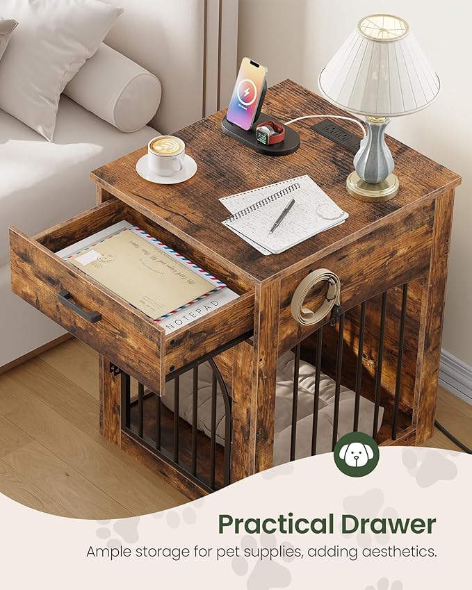 CHOEZON Dog Crate Furniture, Wooden Dog House with Charging Station and Storage Drawer, Indoor Pet Crate End Table for Small Breeds, for Living Room, Bedroom, Rustic Brown MGW01UFG