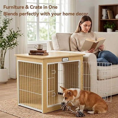 Oak Dog Crate Furniture with Reversible Side Door, 28'' Wooden Indoor Dog Kennel for Small Medium Dogs, Furniture Style End Table Dog Crate with Double Locks, Steel Mesh Dog Cage