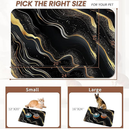 Marble Pet Feeding Mat,Black Gold Flowing Marble Absorbent Quick-Dry Cat Dog Food and Water Bowl Mats,Non-Slip Rubber Backing Mat,Cat Dog Accessories Supplies 12"x20"