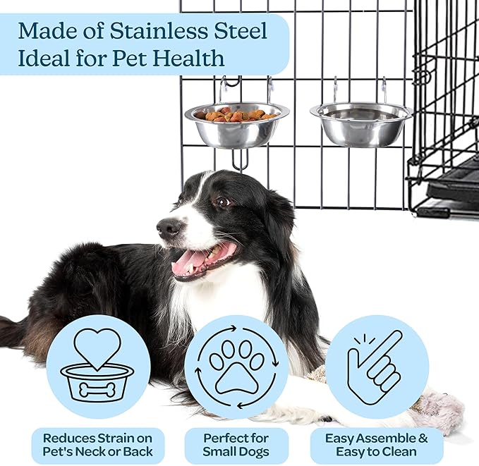 Set of 2 Stainless-Steel Dog Bowls - Cage, Kennel, and Crate Hanging Pet Bowls for Food and Water - 8oz Each and Dishwasher Safe by PETMAKER, Silver