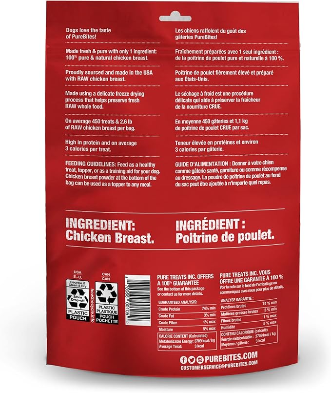 PureBites Chicken Breast Freeze Dried Dog Treats, 1 Ingredient, Made in USA, 11.6oz